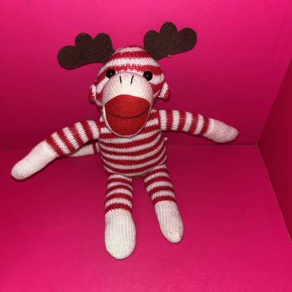Sock Monkey 9" Plush Red and White Striped Knit Stuffed with Reindeer Antlers